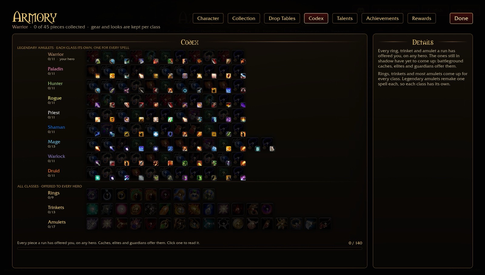 The Codex tab — 140 rings, trinkets and amulets including per-class legendary amulets, one for every spell