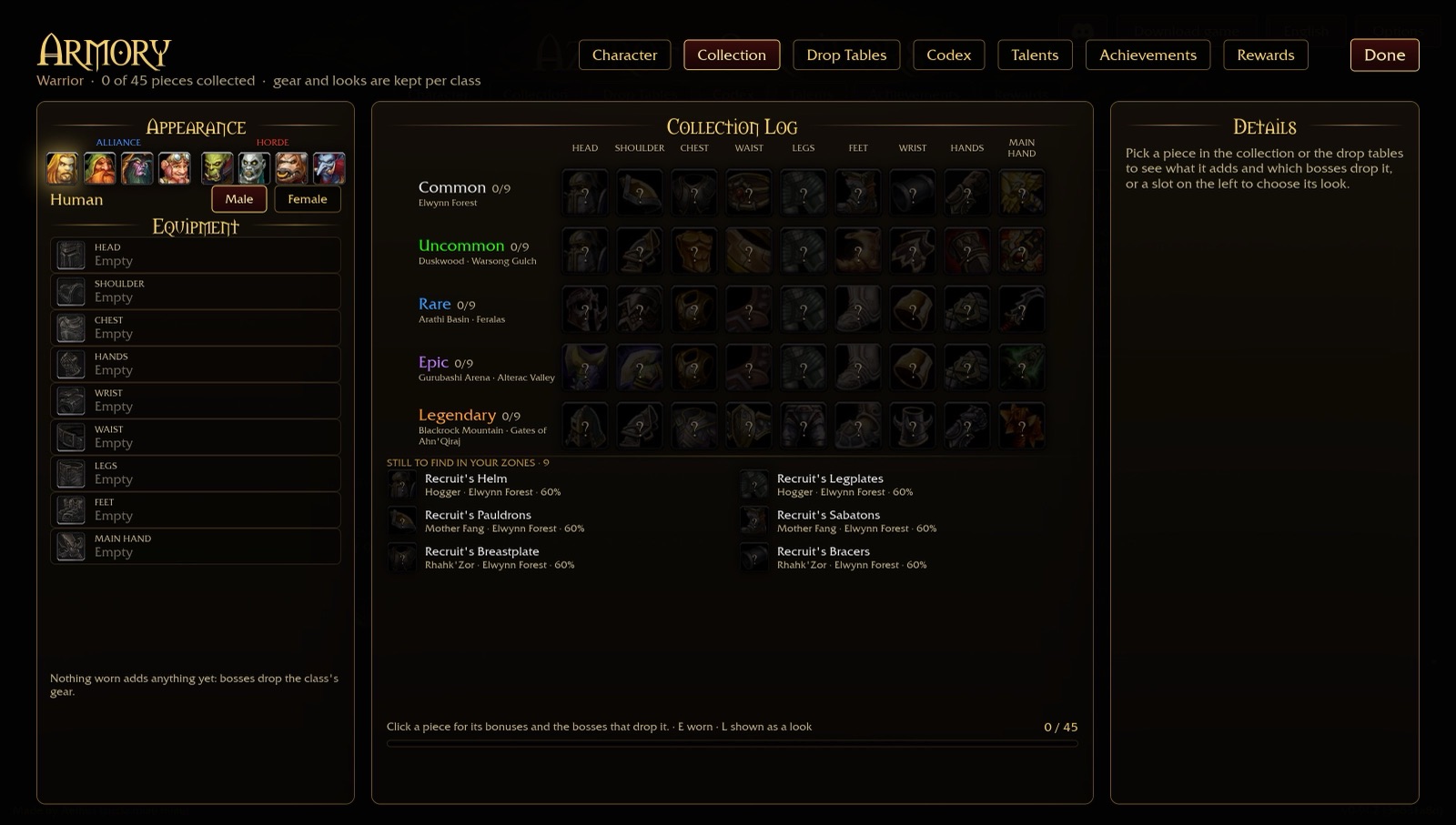 The Armory collection log showing class gear across slots and rarities, with the Elwynn Forest pieces still to find