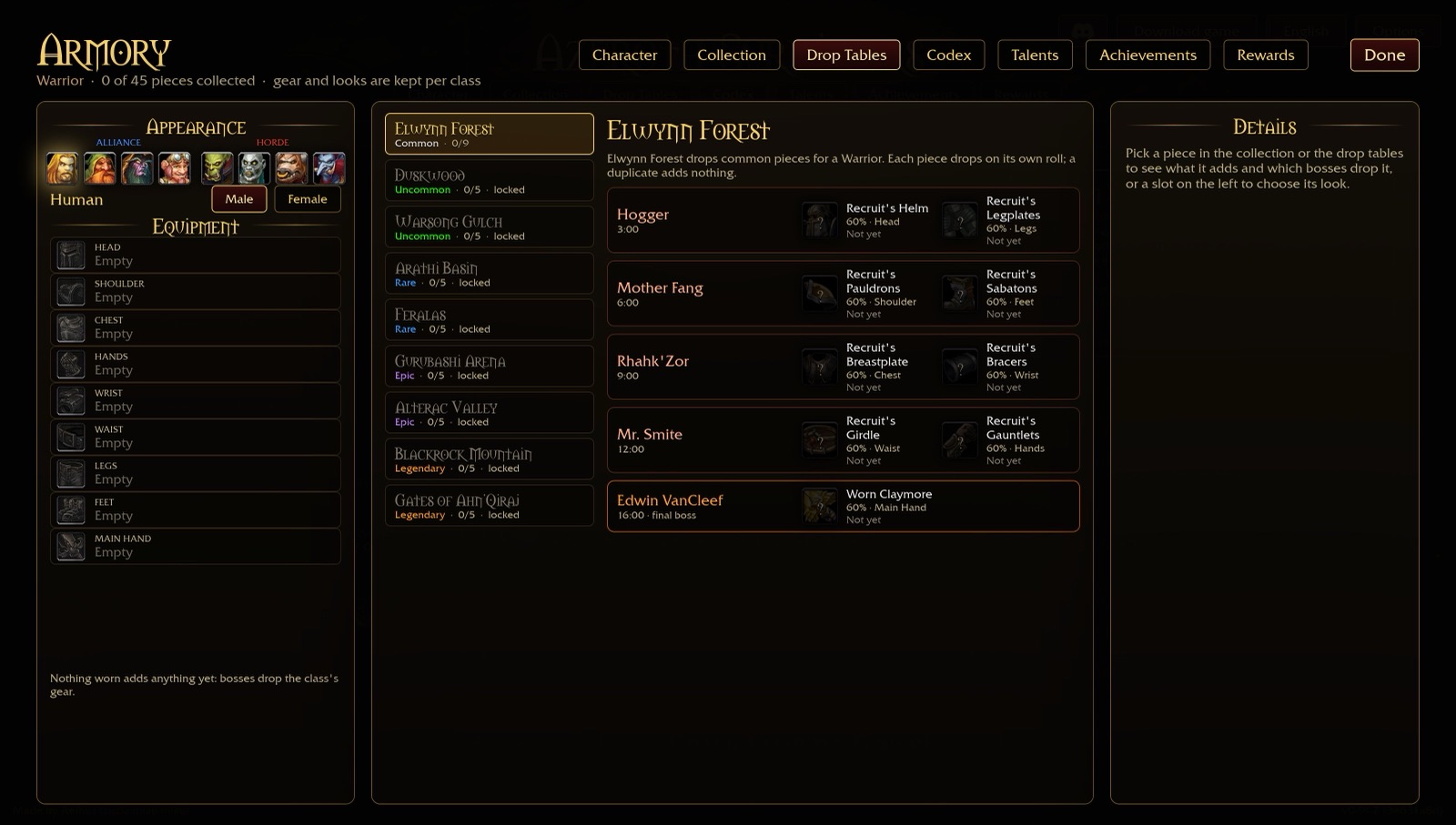 The Drop Tables tab showing every Elwynn Forest boss with its two 60% gear drops for the Warrior, ending in Edwin VanCleef's Worn Claymore
