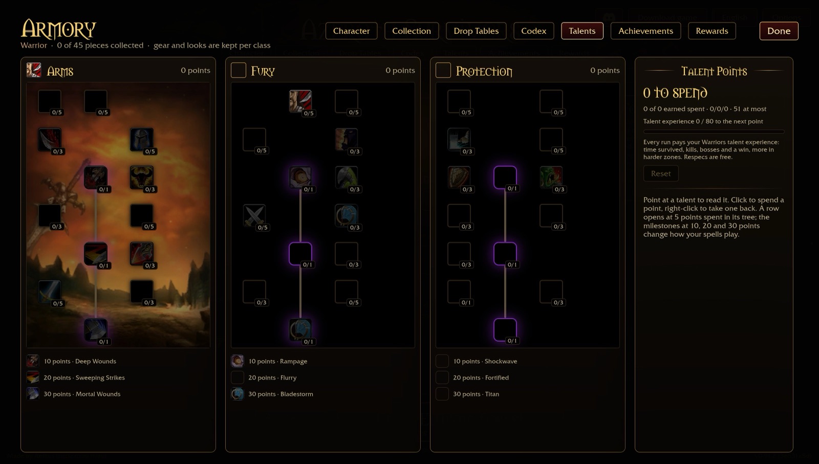 Warrior talent trees in Azeroth Survivors — Arms, Fury and Protection trees with rank nodes and the 0 of 51 points ledger